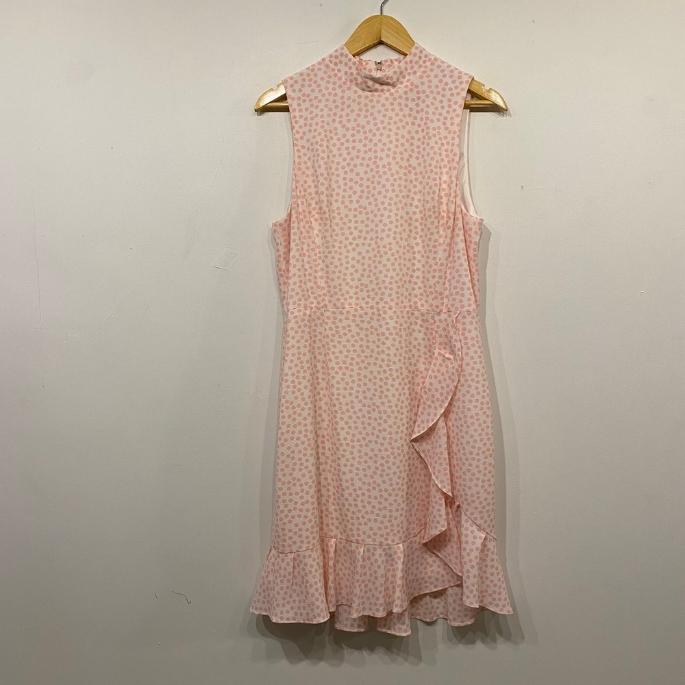 Betsey Johnson Pink Polka Dot Mock Neck Ruffle Faux Wrap Preppy Dress Womens 12